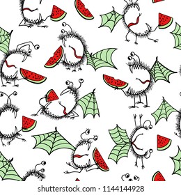 Vector seamless pattern with hand drawn cute monsters with watermelons. Graphic style, ink drawing. Beautiful design elements, perfect for prints and patterns