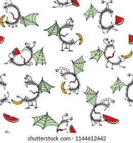 Vector seamless pattern with hand drawn cute monsters with watermelons and bananas. Graphic style, ink drawing. Beautiful design elements, perfect for prints and patterns