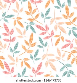 Vector seamless pattern with hand drawn artistic leaves . Vintage print. Colorful floral elements on white background.