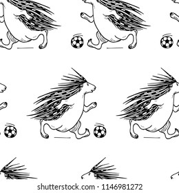 Vector seamless pattern with hand drawn porcupines playing football. Beautiful ink drawing, funny sport illustration