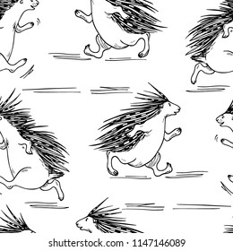 Vector seamless pattern with hand drawn porcupines competing in running. Beautiful ink drawing, funny sport illustration, perfect for prints and patterns