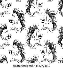 Vector seamless pattern with hand drawn porcupines playing football. Beautiful ink drawing, funny sport illustration