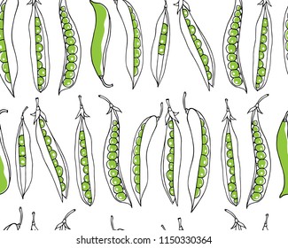 Vector seamless pattern with hand drawn green pea pods. Beautiful food design elements, perfect for prints and patterns