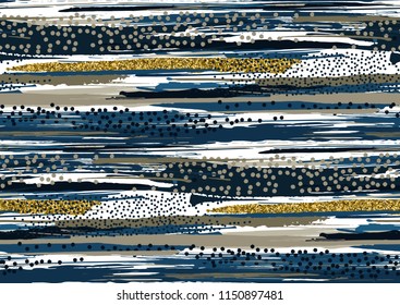 Vector seamless pattern with hand drawn gold glitter textured brush strokes and stripes hand painted. Black, gold, blue, grey, brown colors.