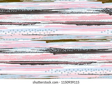 Vector seamless pattern with hand drawn rough edges textured brush strokes and stripes hand painted. Black, pink, blue, grey colors.