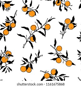 Vector seamless pattern with hand drawn orange tree branches. Ink drawing, graphic style, beautiful design elements