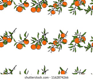 Vector seamless pattern with hand drawn orange tree branches. Ink drawing, graphic style, beautiful design elements