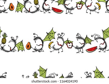 Vector seamless pattern with hand drawn cute monsters with fruit. Graphic style, ink drawing. Beautiful design elements, perfect for prints and patterns