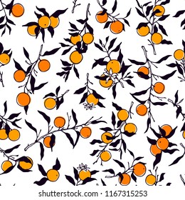 Vector seamless pattern with hand drawn orange and apricot branches. Ink drawing, graphic style, beautiful design elements