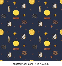 Vector seamless pattern with hand drawn abstract shapes. Spotted and textured figures. Unique design. Creative background. Spots and stains. Freehand style. Wallpaper, wrapping, print on clothes