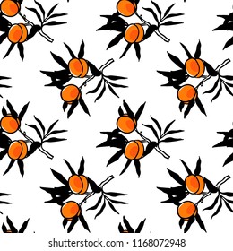 Vector seamless pattern with hand drawn orange tree branches. Ink drawing, graphic style, beautiful design elements