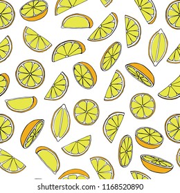 Vector seamless pattern with hand drawn lemon slices. Ink drawing, beautiful design elements, perfect for prints and patterns