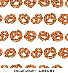 Vector seamless pattern with hand drawn bretzels. Traditional german pastry illustration. Beautiful food design elements.