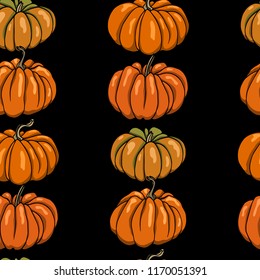 Vector seamless pattern with  hand drawn fairytale pumpkins on black background. Ink drawing, beautiful vegetarian design elements.