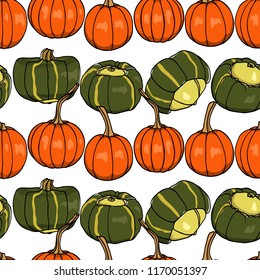 Vector seamless pattern with  hand drawn buttercup squash and sugar pumpkins. Ink drawing, beautiful vegetarian design elements.