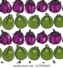 Vector seamless pattern with  hand drawn Round de Nice and Barbarella eggplants. Ink drawing, beautiful vegetarian design elements.