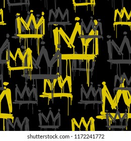 Vector seamless pattern of hand drawn grunge crown graffiti tags on black background. Vector hip hop endless doodle style hand drawn backgrownd