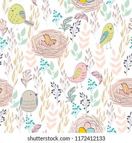 Vector seamless pattern with hand drawn plants and nests