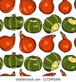Vector seamless pattern with  hand drawn buttercup and kuri squash. Ink drawing, beautiful vegetarian design elements.