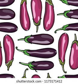 Vector seamless pattern with hand drawn eggplants. Ink drawing, beautiful vegetarian design elements.