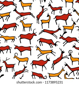 Vector seamless pattern with hand drawn animals made in cave drawing style. Ink drawing, graphic style, beautiful design elements