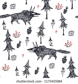 Vector seamless pattern with hand drawn wolf in forest. Hand drawn texture with cartoon animal character in sketch style.