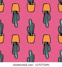 Vector seamless pattern with hand drawn succulent. Doodle style and candy colors.