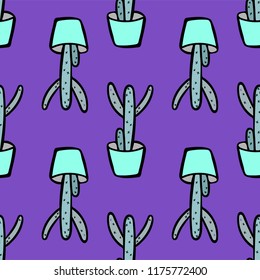 Vector seamless pattern with hand drawn succulent. Doodle style and candy colors.