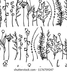 Vector seamless pattern with hand drawn branches of wild plants. Beautiful design elements, vintage colors. Perfect for prints and patterns.