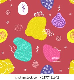 Vector seamless pattern with hand drawn abstract shapes. Spotted and textured figures. Unique design. Creative background. Applique. Freehand style. Wallpaper, textile, wrapping, print on clothes
