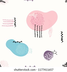Vector seamless pattern with hand drawn abstract shapes. Spotted and textured figures. Unique design. Creative background. Spots and stains. Freehand style. Wallpaper, wrapping, print on clothes