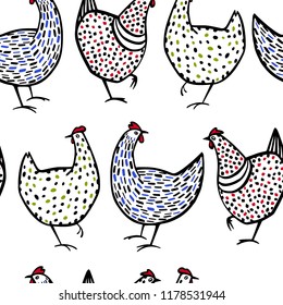 Vector seamless pattern with hand drawn chickens. Beautiful ink drawing, heavy contour, abstract design elements. Perfect elements for food or farming design.