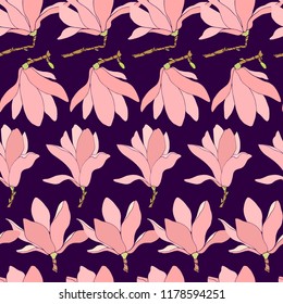 Vector seamless pattern with hand drawn magnolia flowers on dark background. Beautiful floral design elements, perfect for prints and patterns