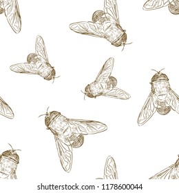 Vector seamless pattern with hand drawn honey bees made in retro style. Beautiful ink drawing