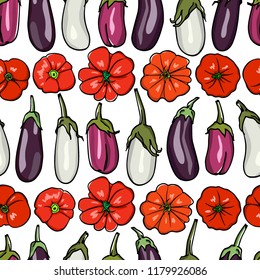 Vector seamless pattern with  hand drawn tomatos and eggplants. Ink drawing, beautiful vegetarian design elements.