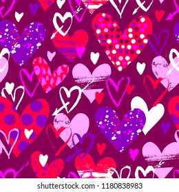 Vector seamless pattern with hand drawn hearts for Valentine day. Love background with doodle hearts, dots. Romantic hand drawn vector doodle Valentines day background. Colorful love texture with dots