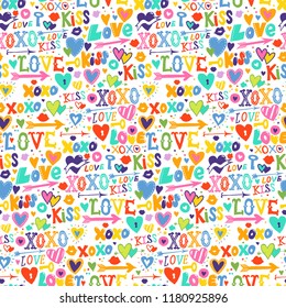 Vector seamless pattern with hand drawn hearts and words love for Valentine day. Background with doodle hearts, lettering. Hand drawn vector doodle Valentines background. Colorful love letters texture