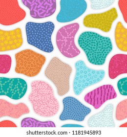 Vector seamless pattern with hand drawn abstract shapes. Textured figures. Material design. Creative background. Applique. It looks like maze or puzzles. Wallpaper, textile, wrapping, print on clothes