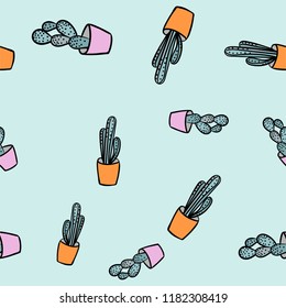 Vector seamless pattern with hand drawn succulent. Doodle style and candy colors.