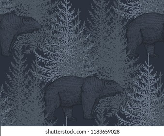 Vector seamless pattern with hand drawn bears and trees. Fir forest illustration in sketch style.