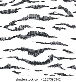 Vector seamless pattern with hand drawn tiger stripes isolated on white. Animal skin texture sketch. Zoo fur background