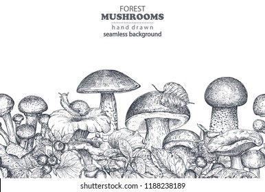 Vector seamless pattern with hand drawn forest mushrooms porcini, boletus, russula with fall leaves, snail, cranberry. Beautiful autumn endless illustration in sketch style for coloring book, textile