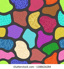 Vector seamless pattern with hand drawn abstract shapes. Textured figures. Unique design. Creative background. Applique. It looks like maze or puzzles. Wallpaper, textile, wrapping, print on clothes