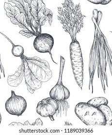 Vector seamless pattern with hand drawn vegetables in sketch style. Farm market products. Beetroot, cabbage, broccoli, cauliflower, lettuce, chinese cabbage. Detailed vegetarian food drawing