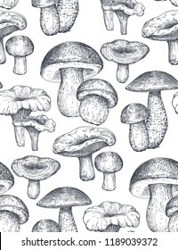 Vector seamless pattern with hand drawn forest mushrooms. Beautiful autumn endless illustration in sketch style for coloring book, textile, package