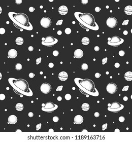 Vector seamless pattern with hand drawn space illustrations.