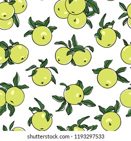 Vector seamless pattern with hand drawn Antonovka apples. Beautiful food design elements. Ink drawing, perfect for prints and patterns