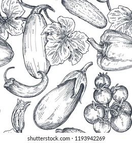 Vector seamless pattern with hand drawn vegetables in sketch style. Farm market products. Beetroot, cabbage, broccoli, cauliflower, lettuce, chinese cabbage. Detailed vegetarian food drawing