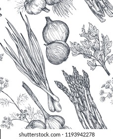 Vector seamless pattern with hand drawn vegetables in sketch style. Farm market products. Beetroot, cabbage, broccoli, cauliflower, lettuce, chinese cabbage. Detailed vegetarian food drawing