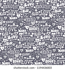Vector seamless pattern with hand drawn hearts and words love for Valentine day. Background with doodle hearts, lettering. Hand drawn vector doodle Valentines background. Grey love letters texture